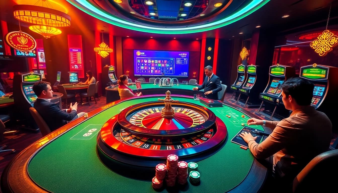 Experience the thrill of online gambling at https://888p.se.net/ with an interactive casino scene featuring roulette and poker.