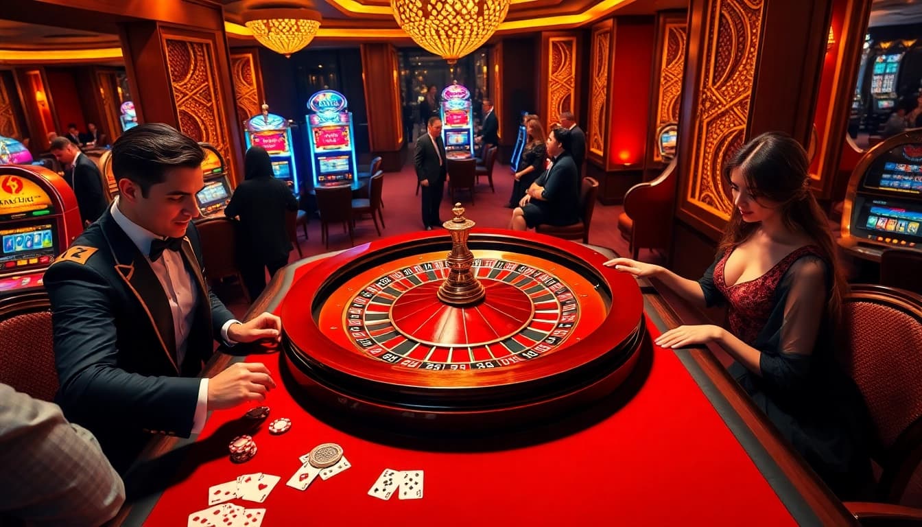 Engaged gamblers playing vibrant casino games at https://rr88a.us.com/, showcasing excitement and luxury.