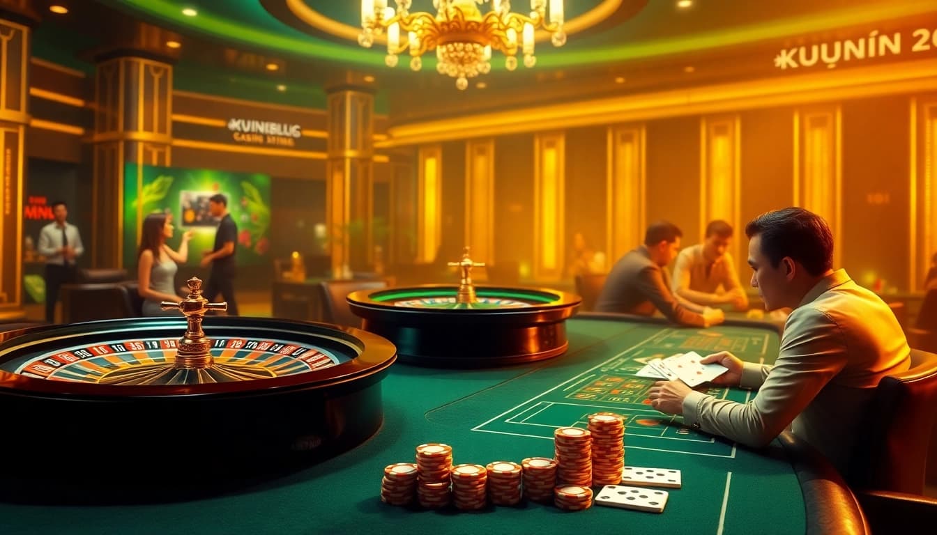 Experience thrilling gameplay at kuwinblog.com with a vibrant online casino interface featuring roulette wheels and poker chips.