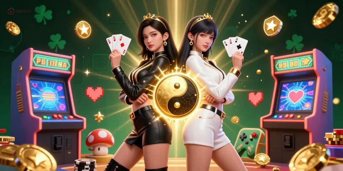 Experience the thrilling casino action with gensol's stunning twin Asian women holding playing cards in a vibrant 3D rendering.