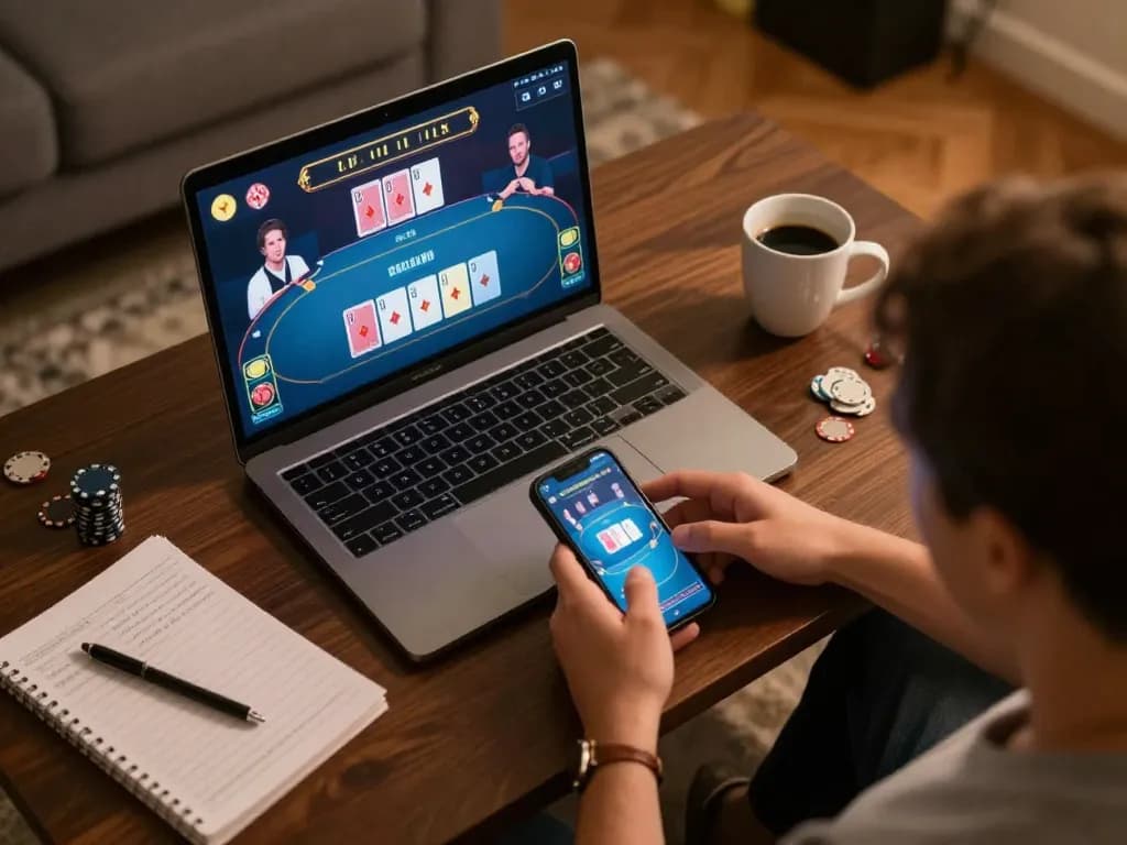 Engaging online poker on gamebaidoithuong8 with strategic betting in a cozy home setup.