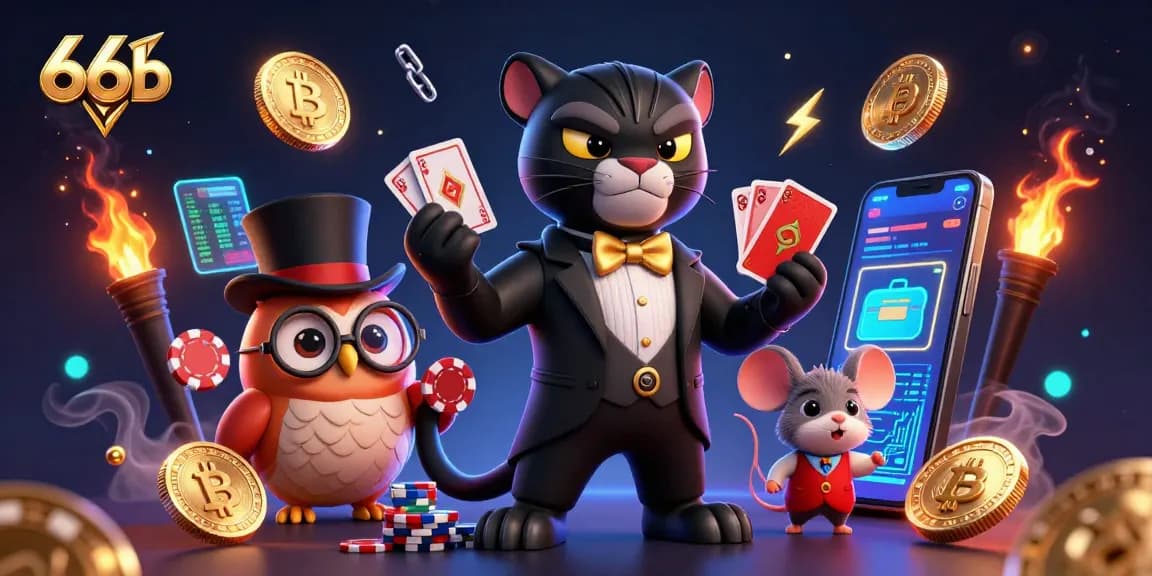66b showcases a stylish panther dealer amidst crypto coins and casino elements in a vibrant 3D scene.