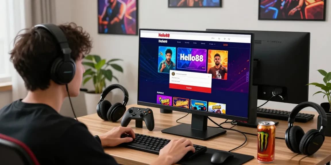 Engaging user logging into HELLO88 with a vibrant gaming interface displayed on screen, showcasing the excitement of online gambling.
