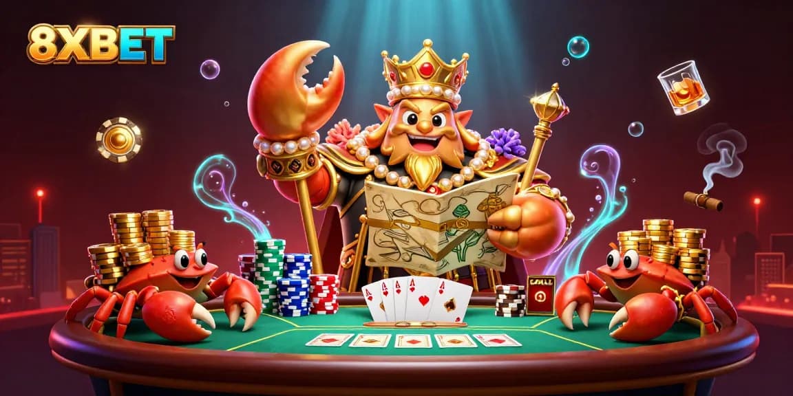 Engage in thrilling gameplay with 8XBET, featuring a unique crab emperor and poker scene.