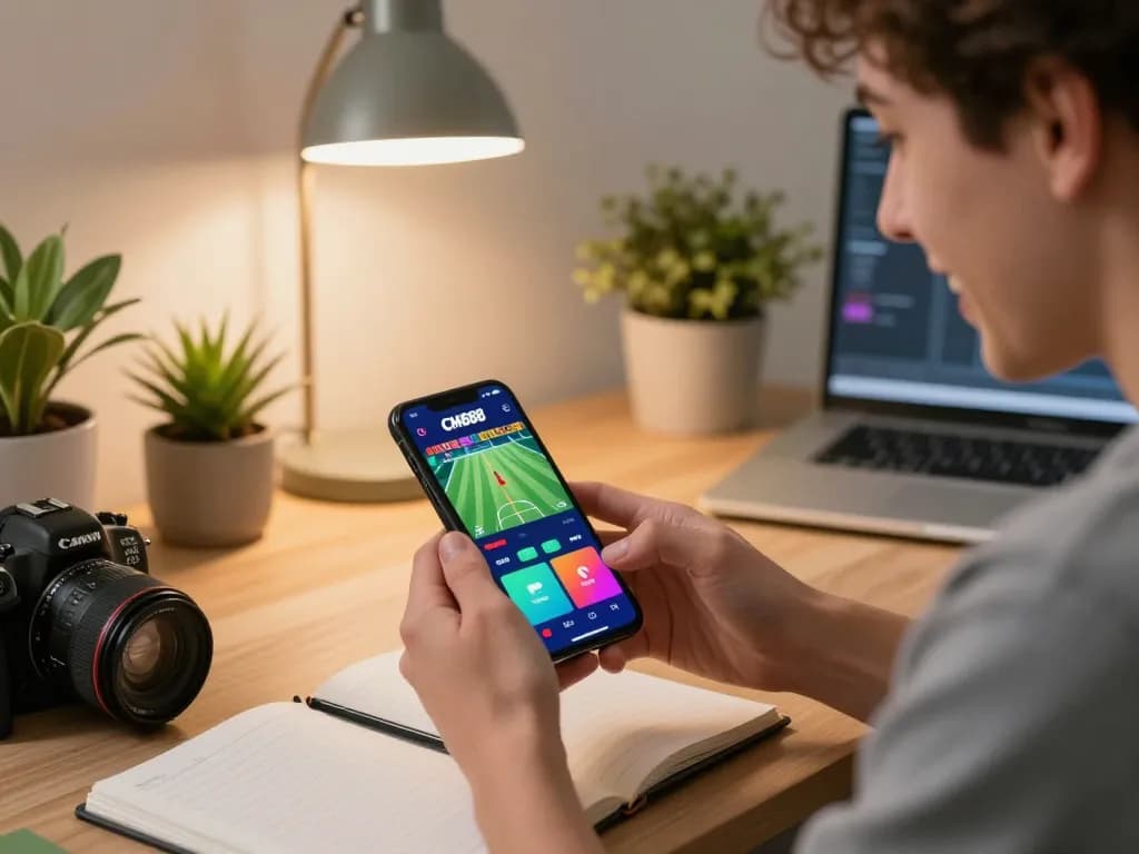 Engaged bettor using the CM888 mobile app for strategic sports betting at home
