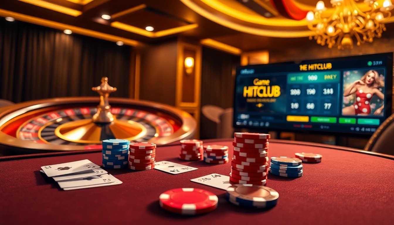 Experience the excitement of Game HITCLUB in a vibrant casino atmosphere with poker and roulette.