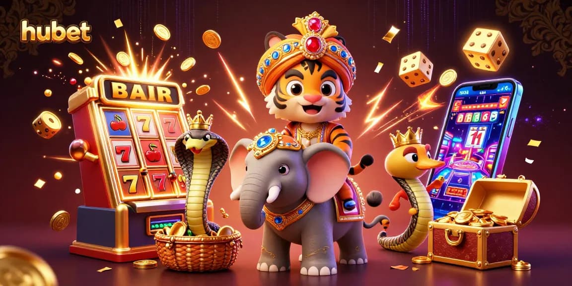 Experience hubet's vibrant online gambling with a dazzling tiger, elephant, and cobra amidst dramatic casino elements.