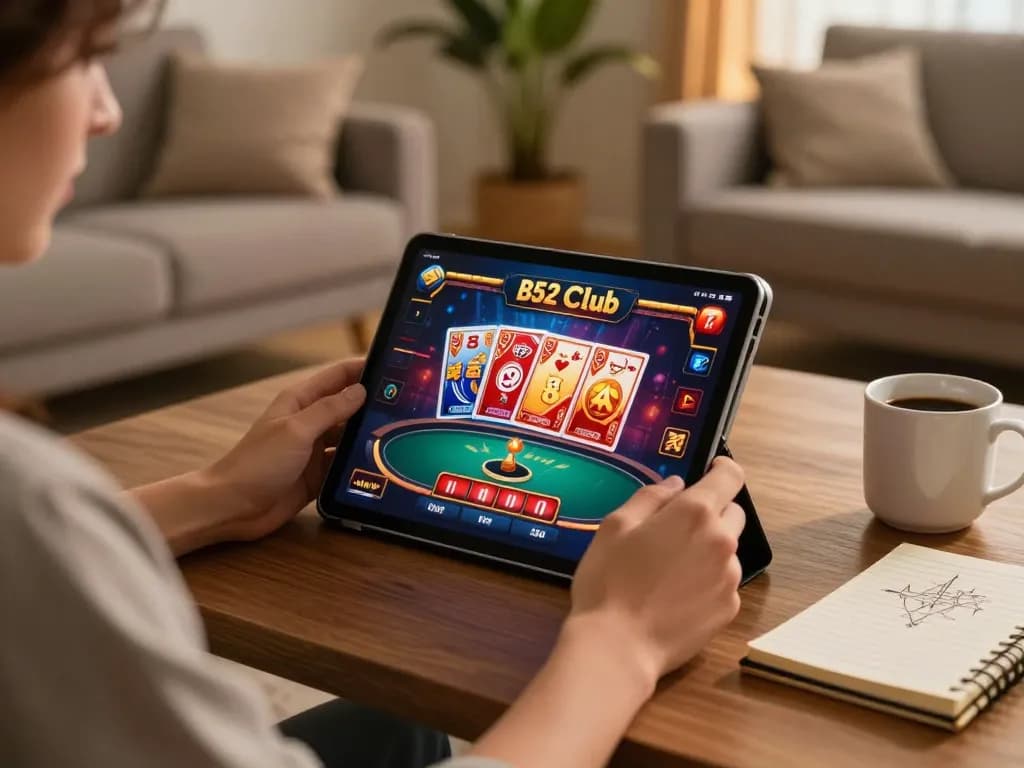 B52 Club player engages with online games on a tablet in a cozy home setting