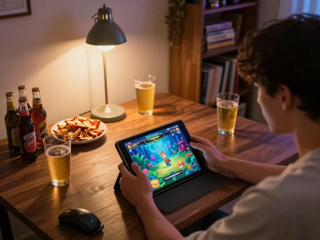 Bắn cá đổi thưởng with a player enjoying a dynamic online gaming session at home, emphasizing strategy and entertainment.