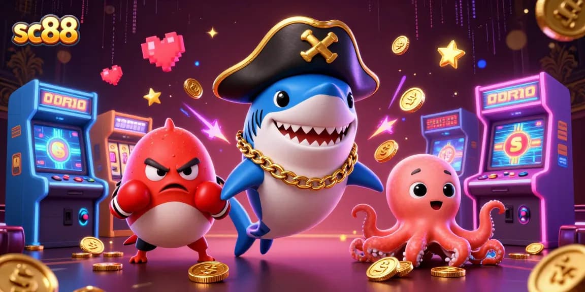 Experience exciting gaming at sc88 with colorful slot machines, a pirate shark, and an octopus amid casino elements.