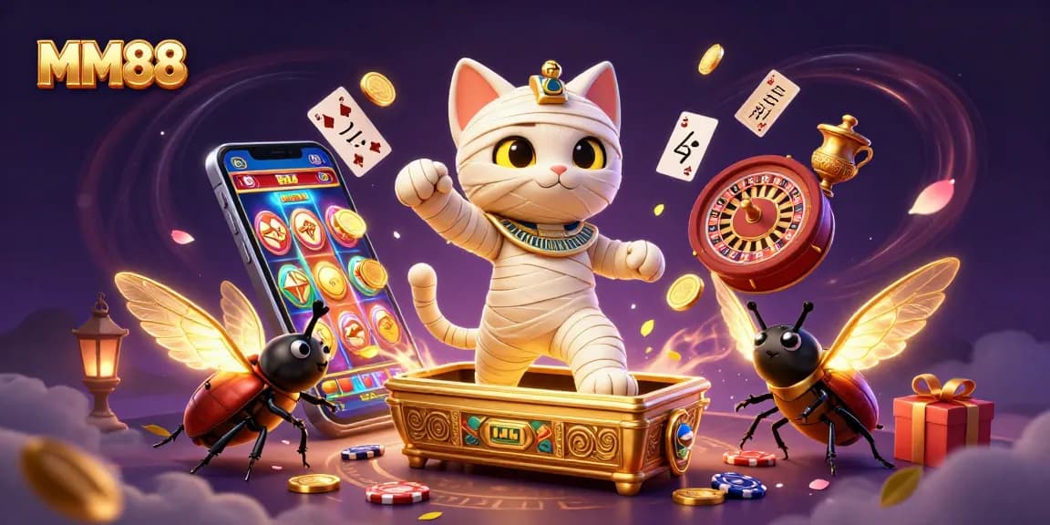 Engage in thrilling gameplay at MM88 with an Egyptian mummy cat and exciting casino elements.