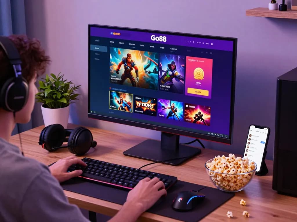 Engaged player using go-88.us.com in a vibrant home gaming setup, featuring colorful graphics and immersive gameplay elements.