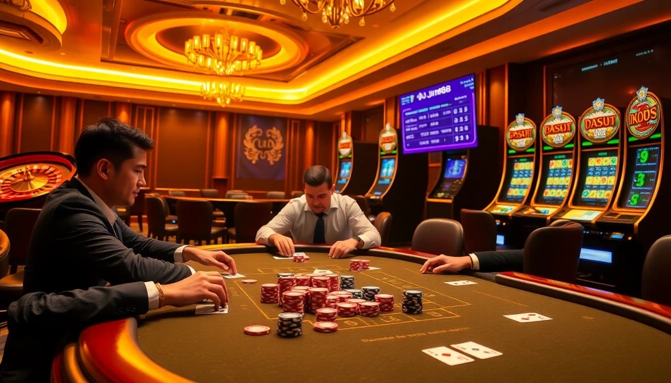 Experience high-stakes excitement at Jun88 casino with poker chips and cards in action.