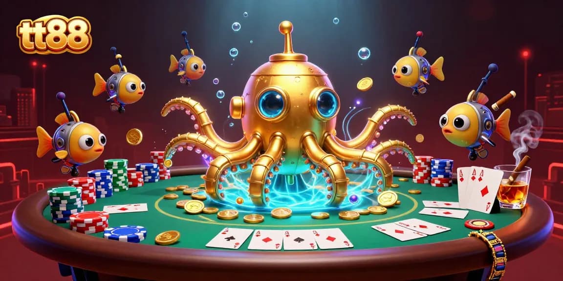Experience excitement at tt88 with a vibrant 3D kraken and poker scene packed with casino elements.