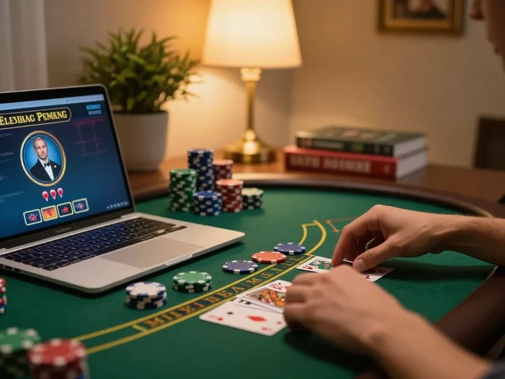 33win player enjoying an online blackjack game with chips and cards in focus.