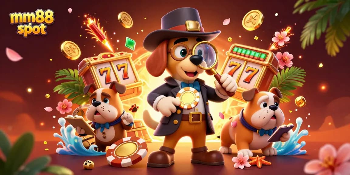 Experience the mm88 slot atmosphere with a cartoon detective uncovering golden poker chips in an engaging casino scene.