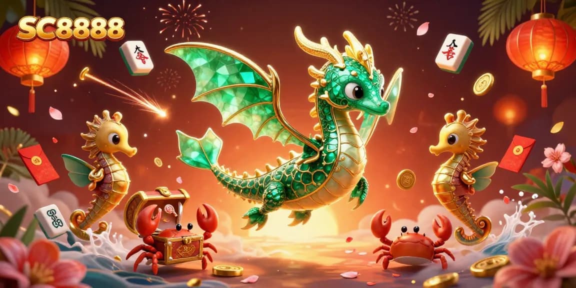 Feel the excitement at SC8888 with a vibrant sea dragon and royal seahorse in a dynamic casino setting.