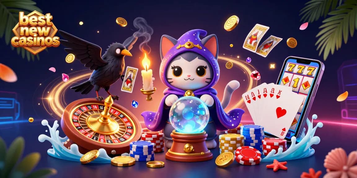 Experience the thrill of the best new online casinos with fortune teller cat and tarot raven surrounded by vibrant casino elements.