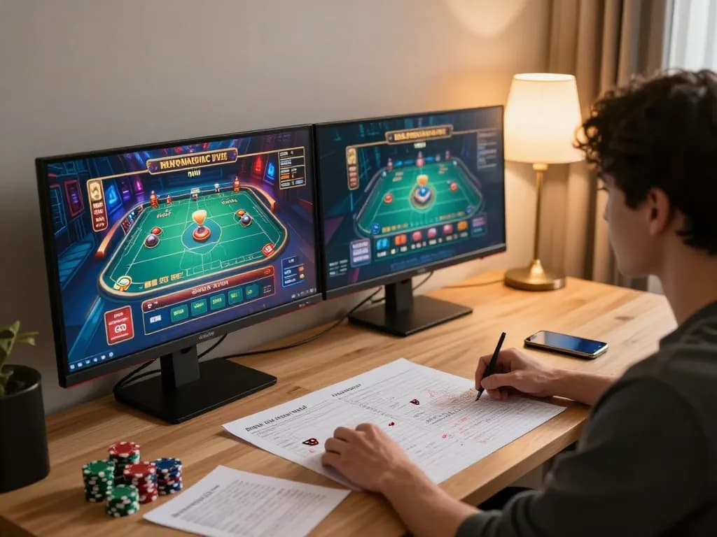 Engaged player utilizing SHBET online casino interface on dual screens while strategizing bets and enjoying responsible gaming.