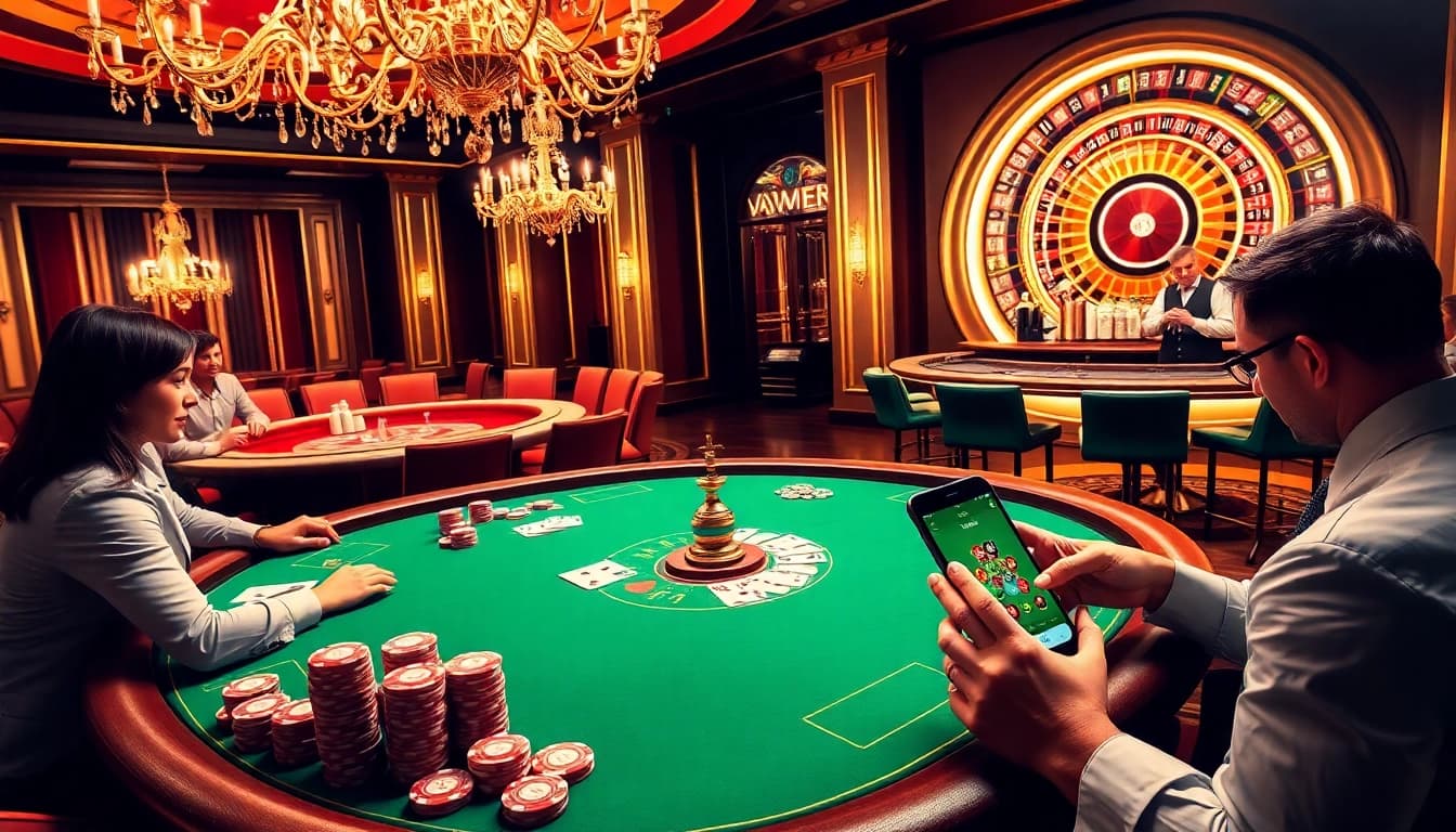 Engaging players enjoy a luxurious gambling experience using the AF88 app amidst vibrant casino elements.