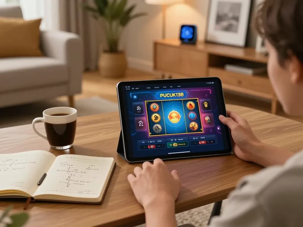 Pucuk138 live slot gaming on tablet with strategic notes in a cozy living room