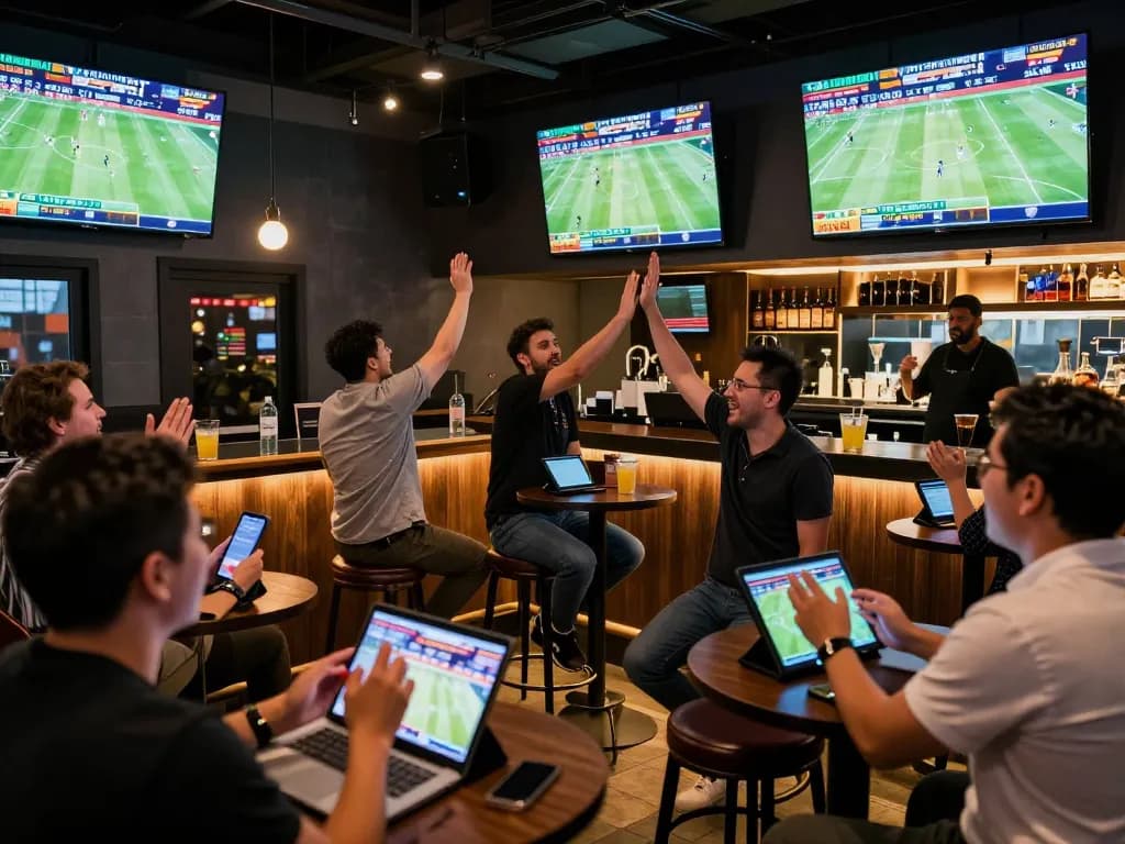 Exciting sports betting at keonhacai5 with patrons engaging in live action and cheering wins