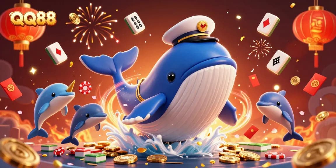 Join the fun at QQ88 with playful dolphins, a majestic whale, and fortune symbols in this vibrant casino scene.