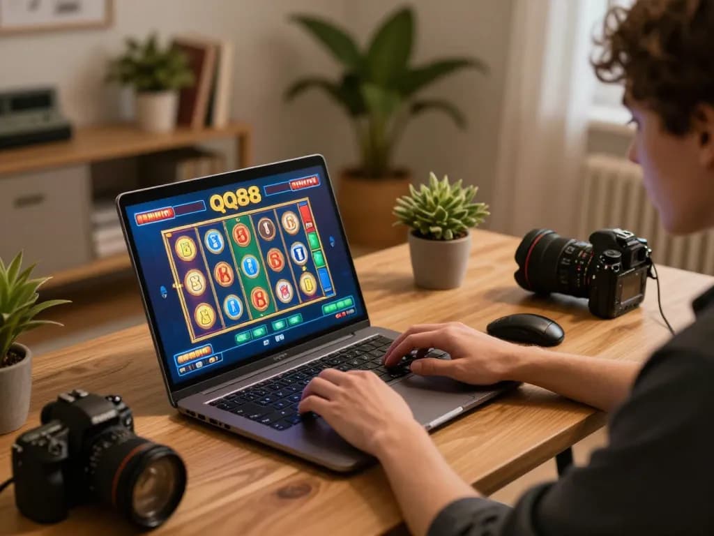 Person enjoying qq88 online casino gaming on laptop, showcasing a vibrant and responsible gambling environment