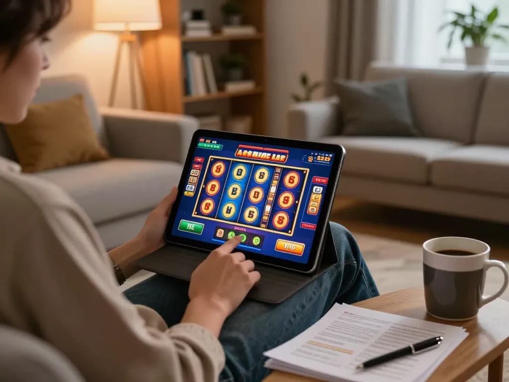 Engaging in responsible online casino gaming at Trang chủ vb88 with a tablet showcasing vibrant slots.