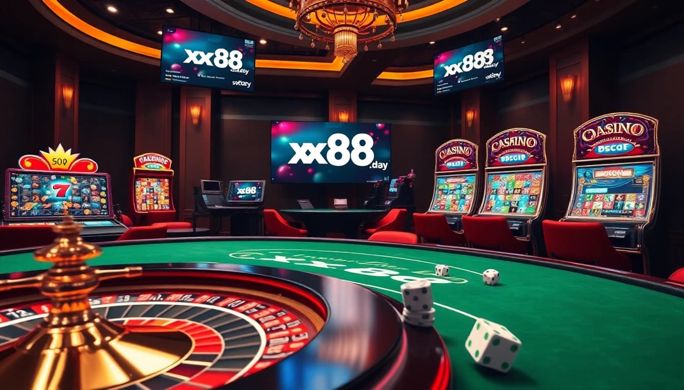 Engage with the vibrant online gambling atmosphere at https://xx88.day/ featuring poker tables, roulette wheels, and immersive slots.
