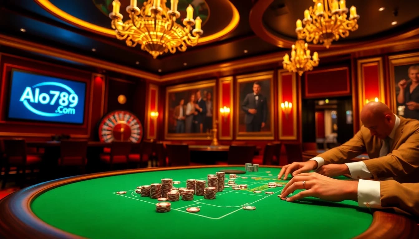 Experience high-stakes action at Alo789 Com with a luxurious poker table and roulette wheel.