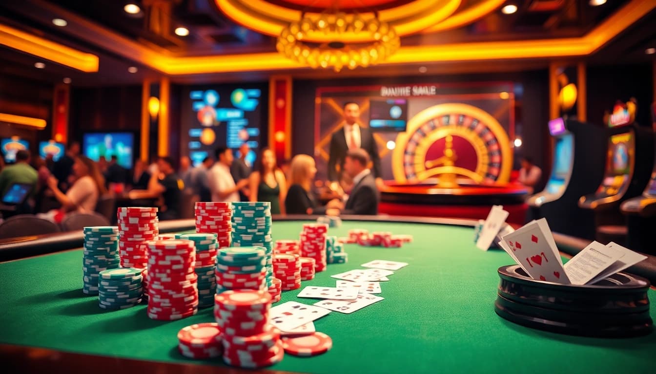Rút tiền 8KBET highlights casino excitement with players engaged at a poker table and roulette.