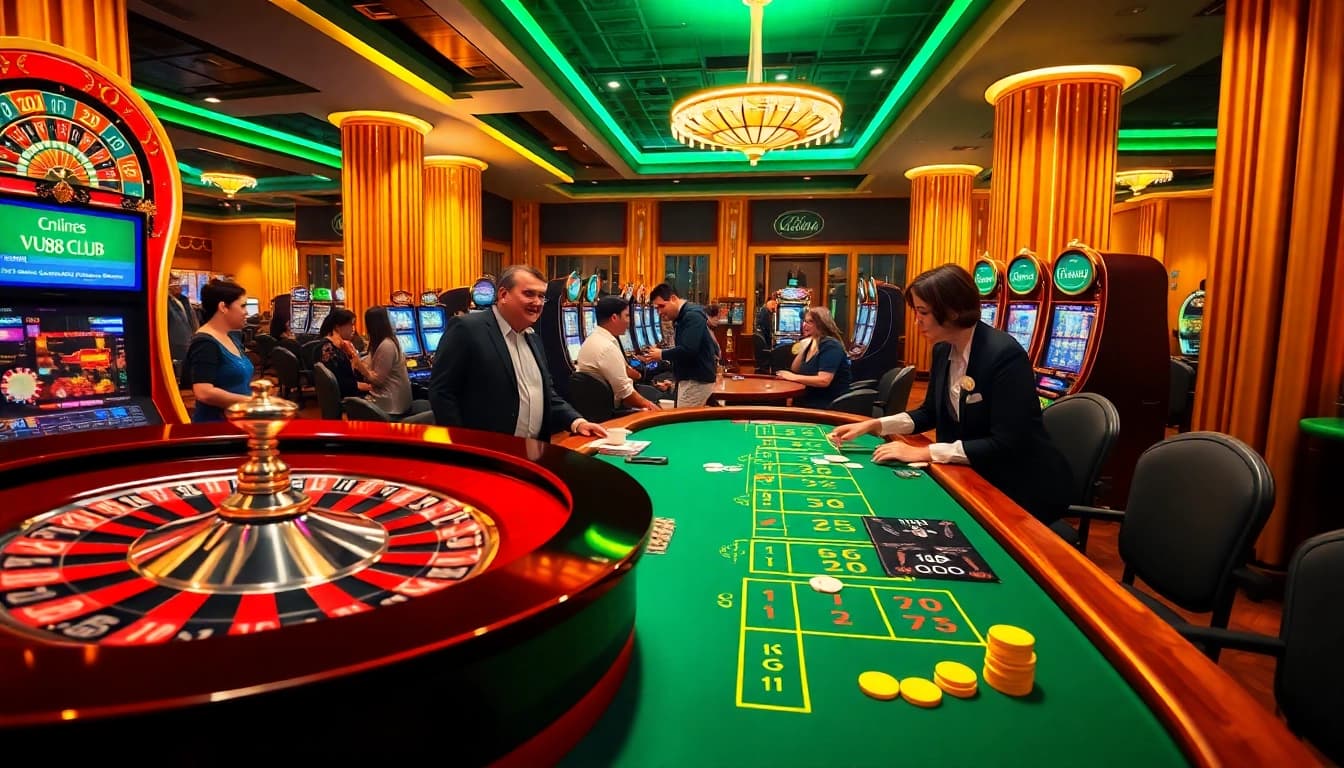 Experience thrilling gameplay at vu88 club with modern casino elements like roulette and poker tables.