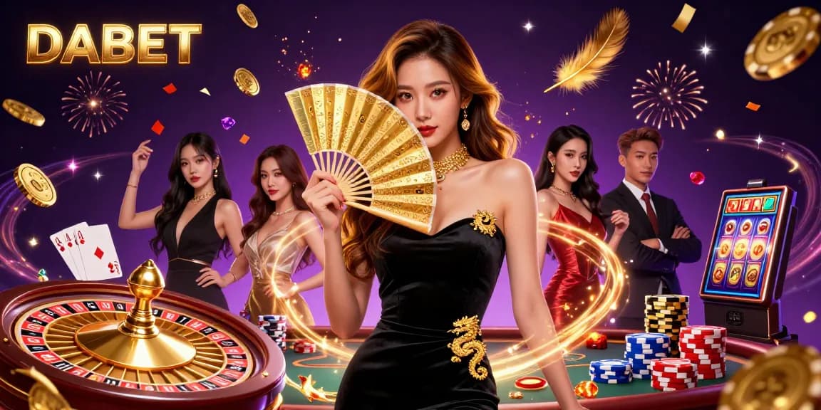 DABET Casino illustrates the thrill of gaming with a glamorous Asian woman amidst golden coins and spectacular casino elements.