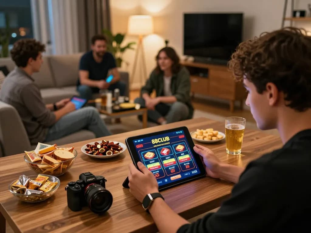 Player enjoying 88CLUB online casino gaming on tablet in cozy living room atmosphere
