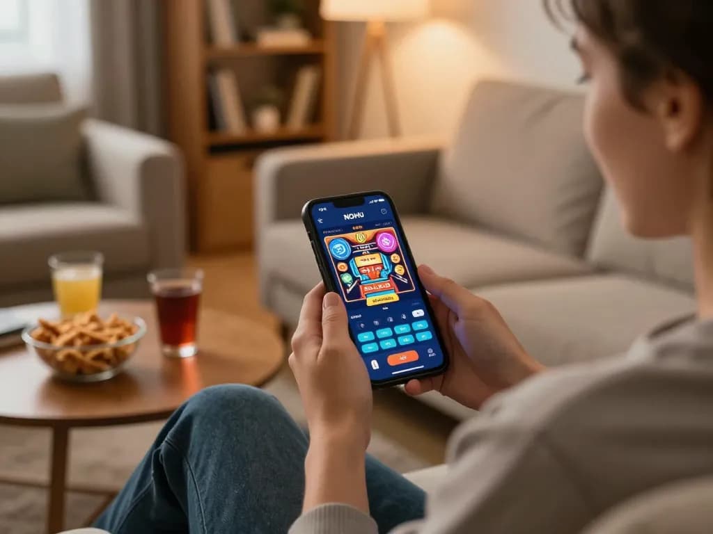 Experience exciting gameplay with NOHU app on mobile, showcasing home entertainment atmosphere.
