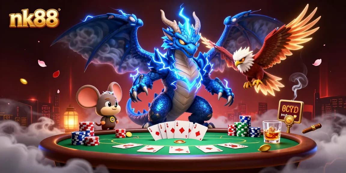 Experience thrilling poker action with nk88's vibrant casino illustration featuring playful characters.
