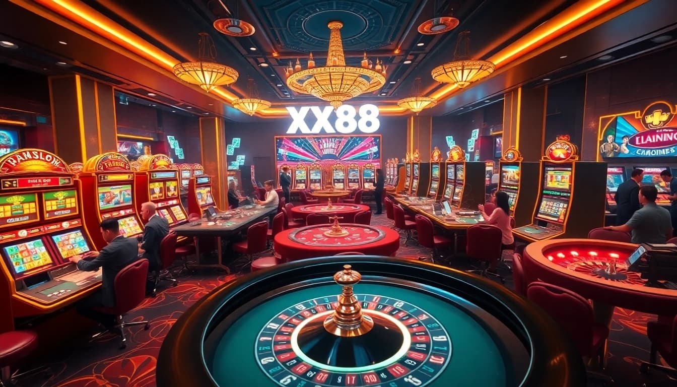 Excited gamblers enjoying diverse games at XX88 promo with modern technology and vibrant visuals.