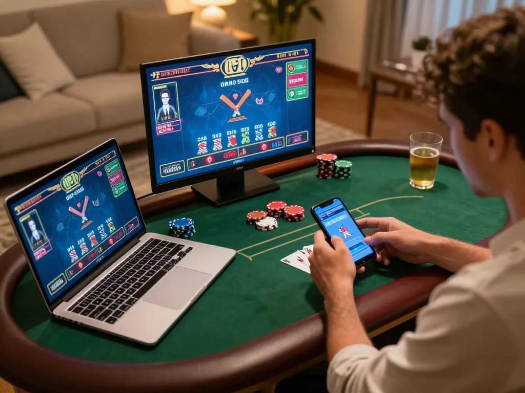 Players engaging in online nk88 casino games on various devices, showcasing a lively betting atmosphere with strategic insights.