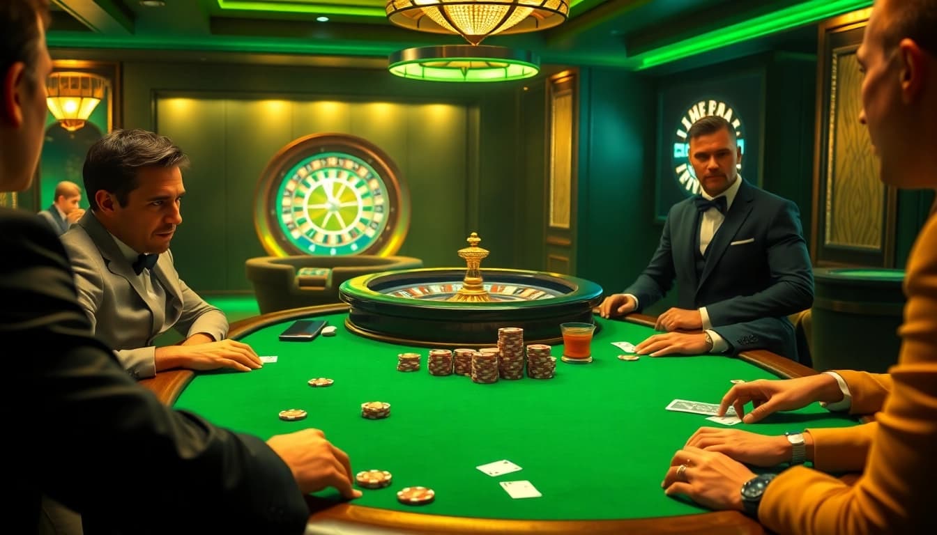 High-stakes players engaging at a luxurious poker table, highlighting DA88 elements for ultimate gambling excitement.