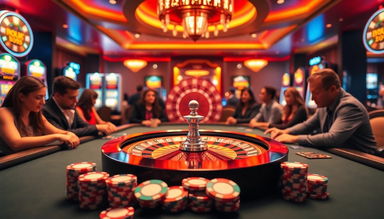 Experience high-stakes excitement at Hitclub with vibrant casino tables and spinning roulette wheels.