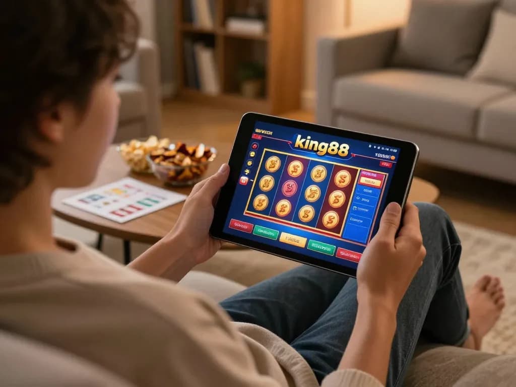 Engaged player using king88 com for online gambling with tablet, cozy home atmosphere.