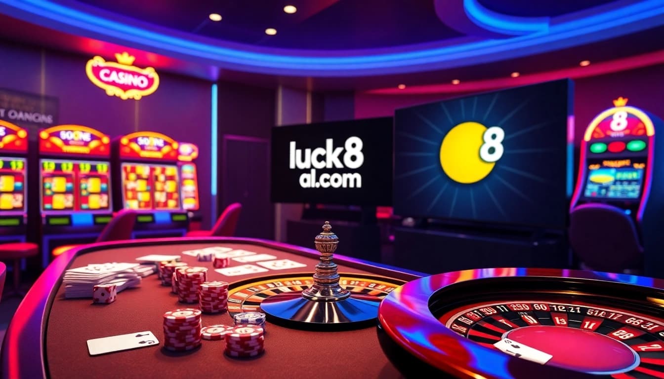 Players engaging in strategic gaming at luck8 com's vibrant online casino tables featuring poker and roulette.