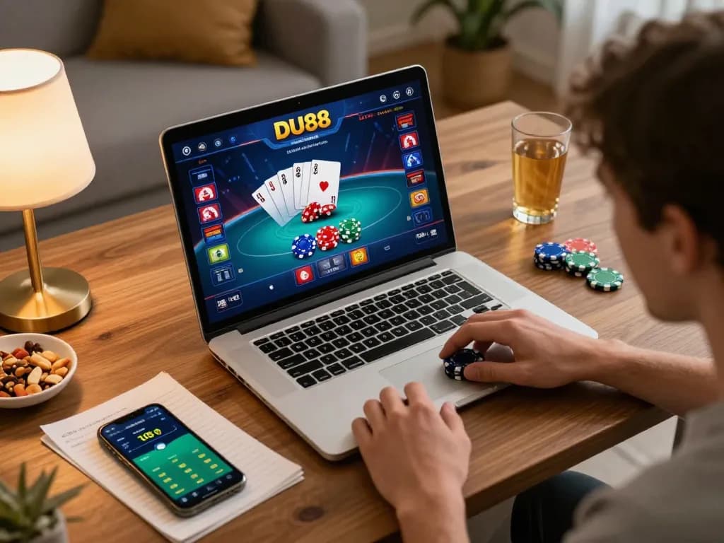 Engaging online poker gameplay on DU88 showcasing vibrant cards and chips in a cozy home setup