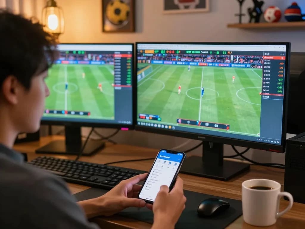 A gambler reviewing keonhacai betting odds on multiple screens during thrilling sports events.