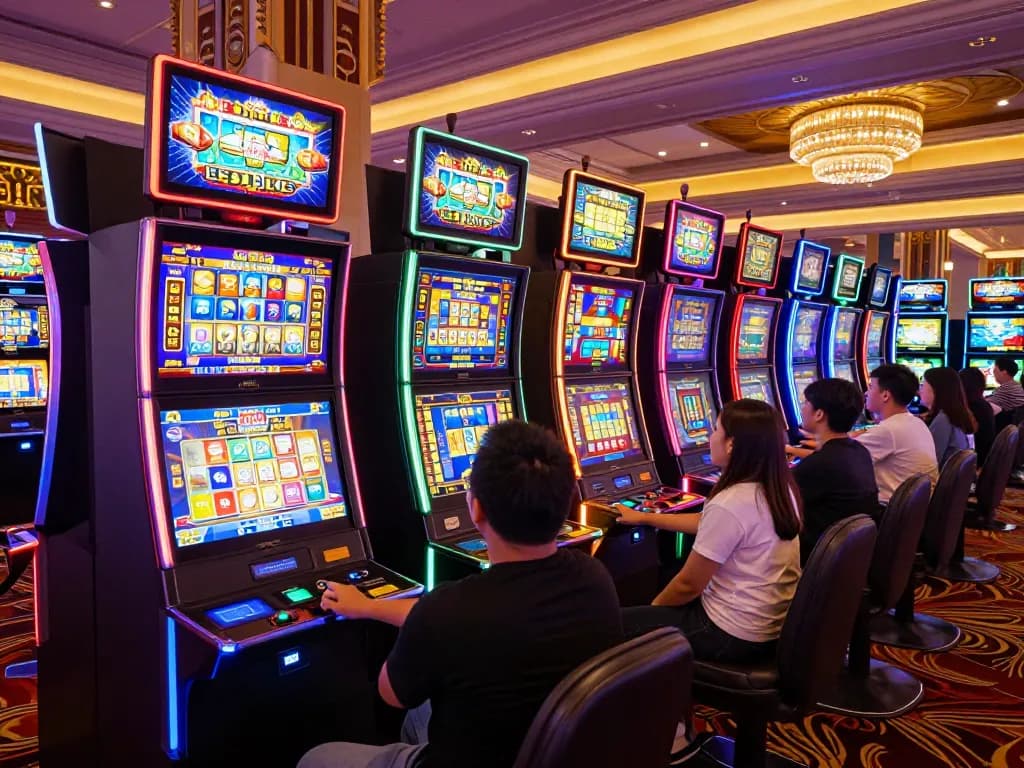 Players engaging with colorful slot gacor machines amid vibrant casino atmosphere