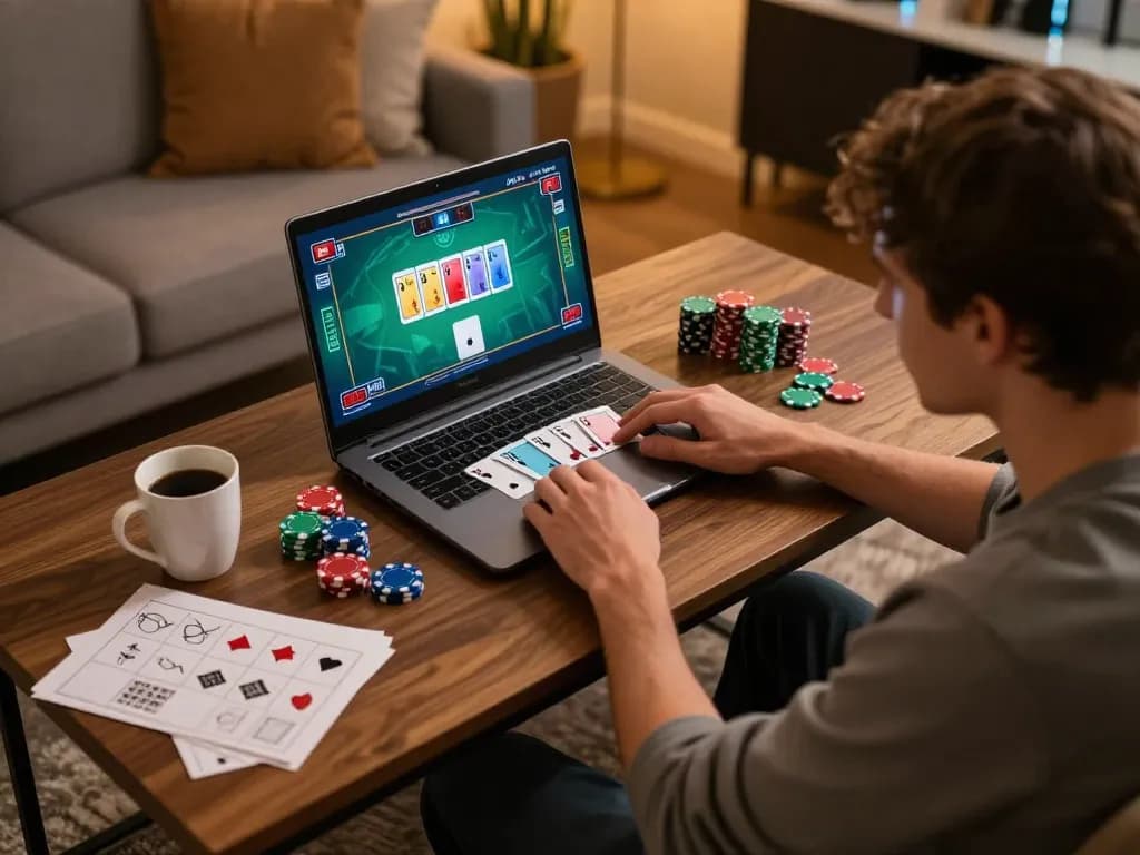 Player engaged in online poker at home using vua88 platform, with strategic notes and warm lighting.
