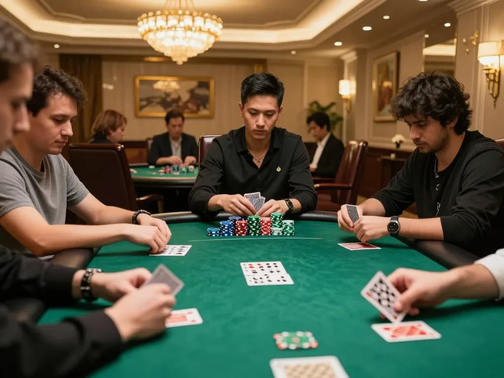 Engaged players at sin888 poker table strategizing their winning moves during a high-stakes game.