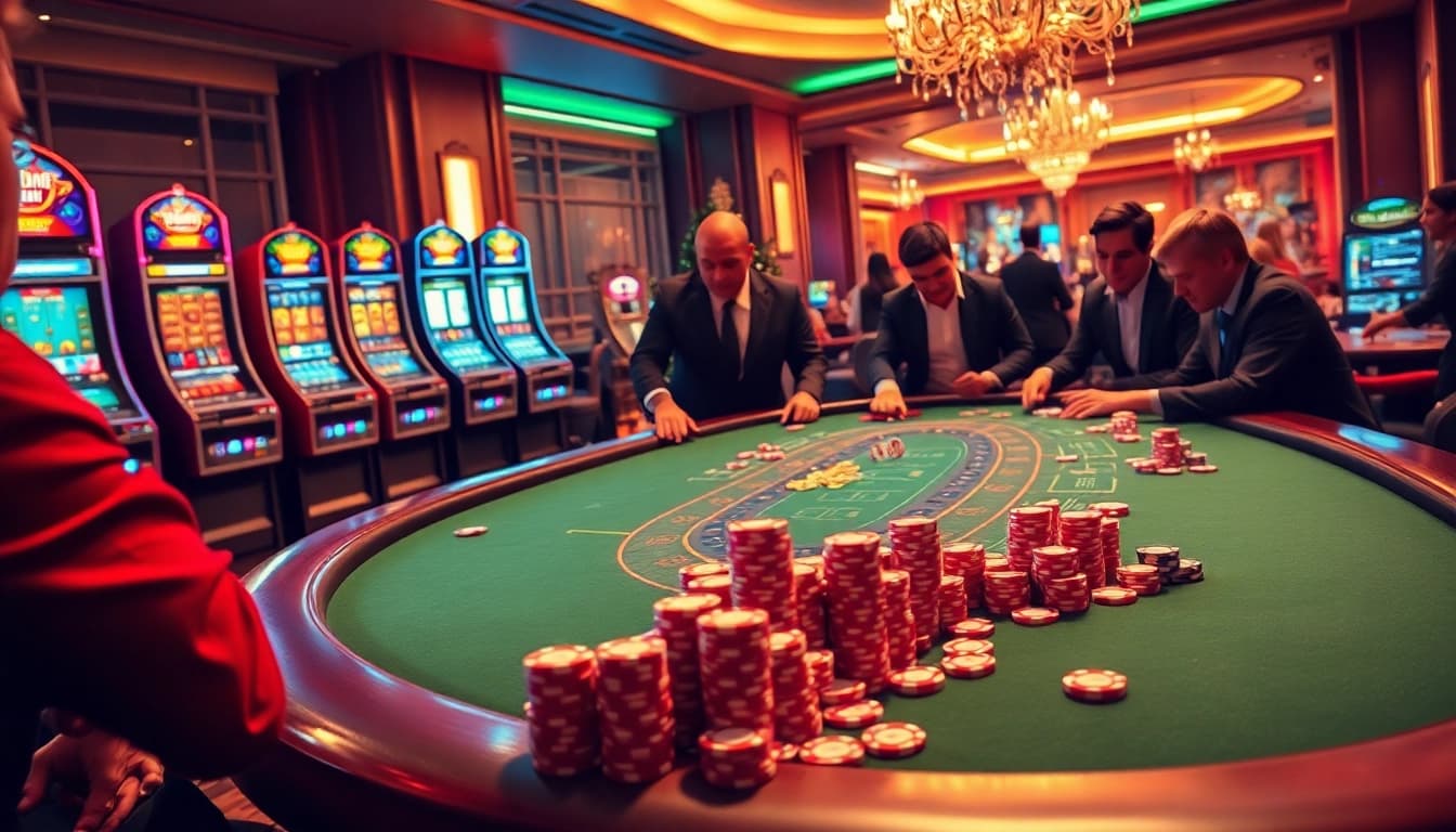 Players enjoying a thrilling experience at f8bet.com, with poker chips and casino tables in a luxurious setting.