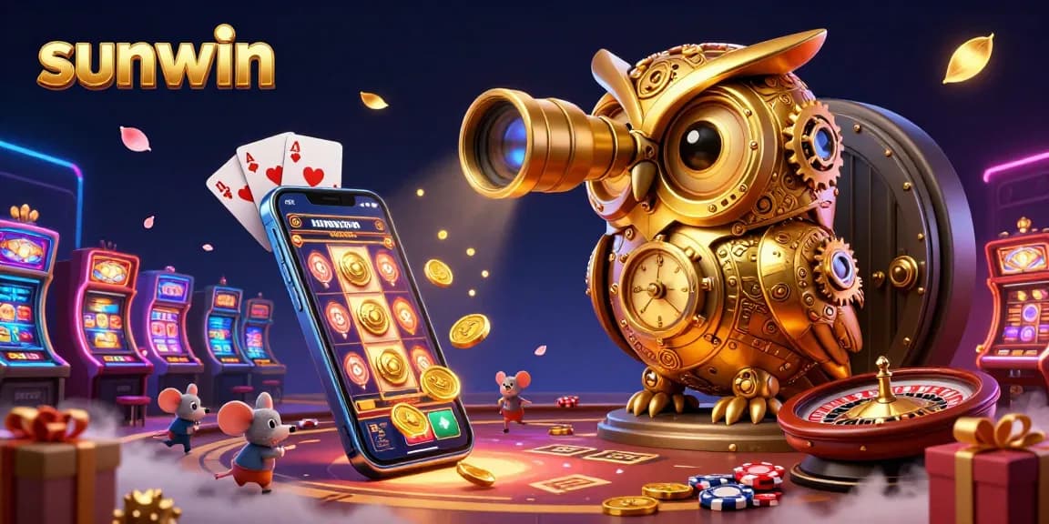 Experience the vibrant world of sunwin with a whimsical clockwork owl and lively casino scene.